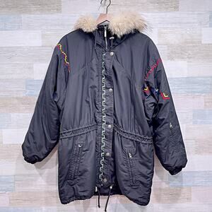 Kaelin Vintage 90s Long Ski Jacket Black Aztec Faux Fur Hood Insulated Womens 12